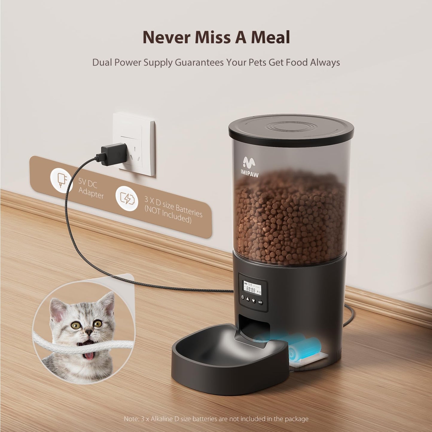 IMIPAW Automatic Cat Feeder, 6-Meal Programmable Food Dispenser (Black)