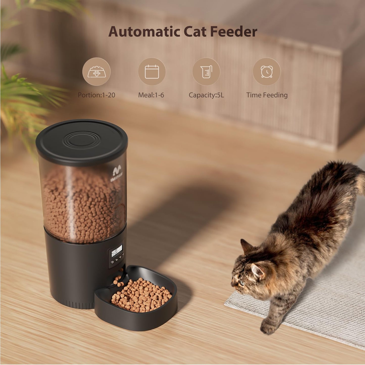 IMIPAW Automatic Cat Feeder, 6-Meal Programmable Food Dispenser (Black)