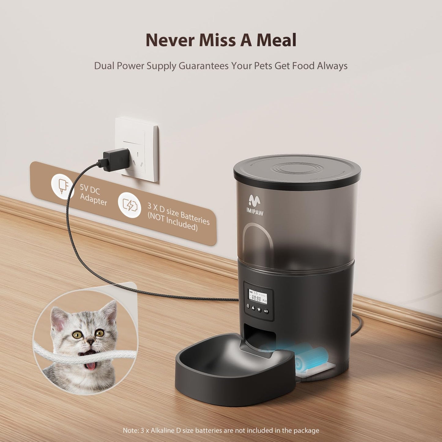 IMIPAW Automatic Cat Feeder, 6-Meal Programmable Food Dispenser (Black)