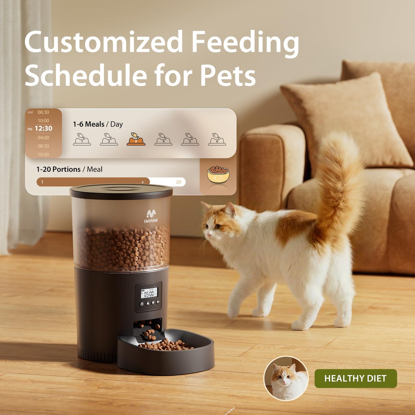 IMIPAW Automatic Cat Feeder, 6-Meal Programmable Food Dispenser (Black)