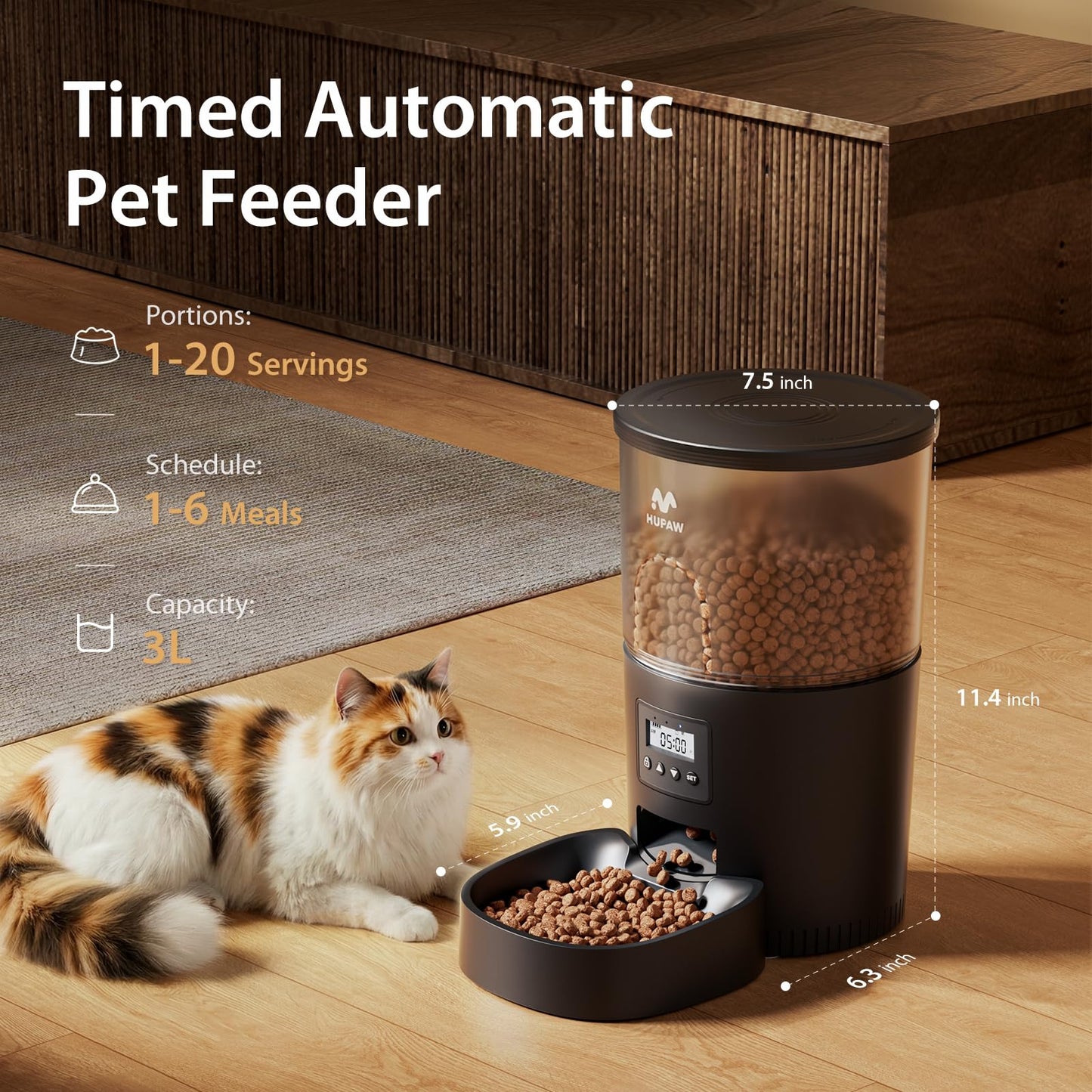 IMIPAW Automatic Cat Feeder, 6-Meal Programmable Food Dispenser (Black)